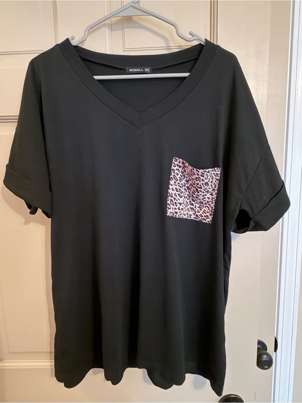 Miholl V-Neck Short Sleeve Tee with Leopard Pocket